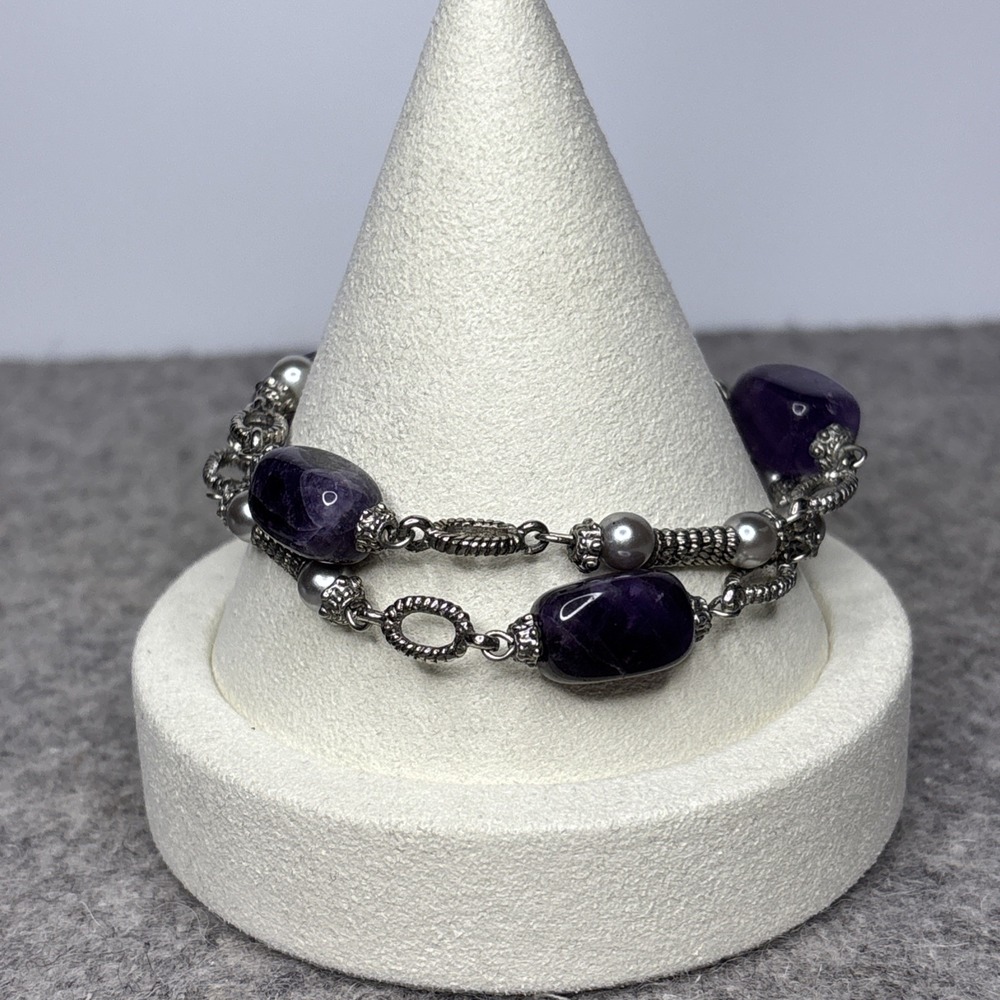Amethyst Gemstone Double Strand Bracelet Silver Toned Toggle Clasp 7.25"